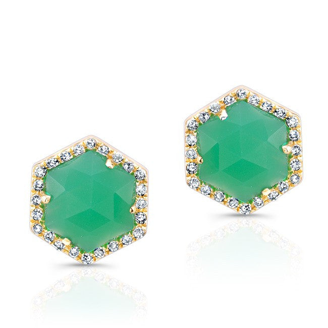 14KT Yellow Gold Chrysoprase Diamond Hexagon Stud Earrings