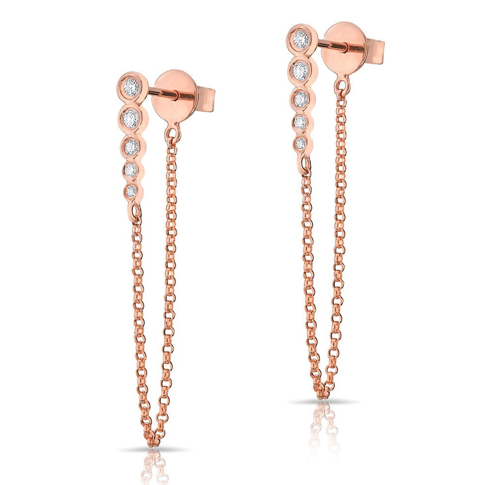 14KT Rose Gold Diamond Bezel Bar Chain Stud Earrings
