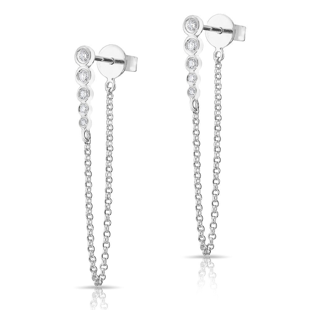 14KT White Gold Diamond Bezel Bar Chain Stud Earrings