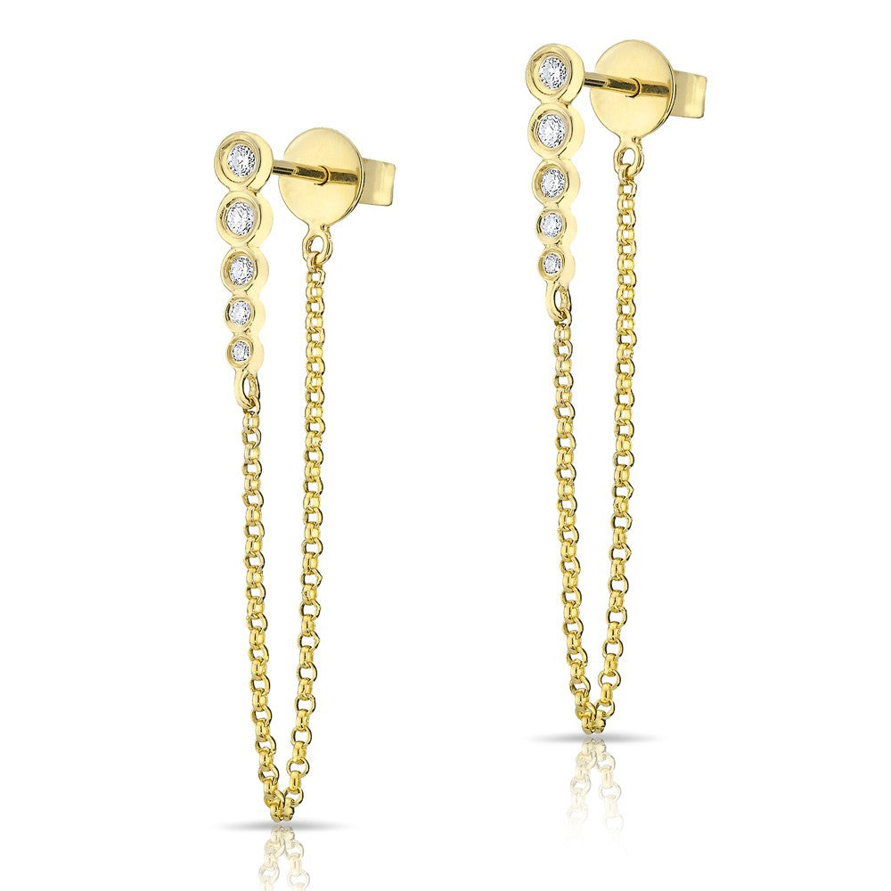 14KT Yellow Gold Diamond Bezel Bar Chain Stud Earrings
