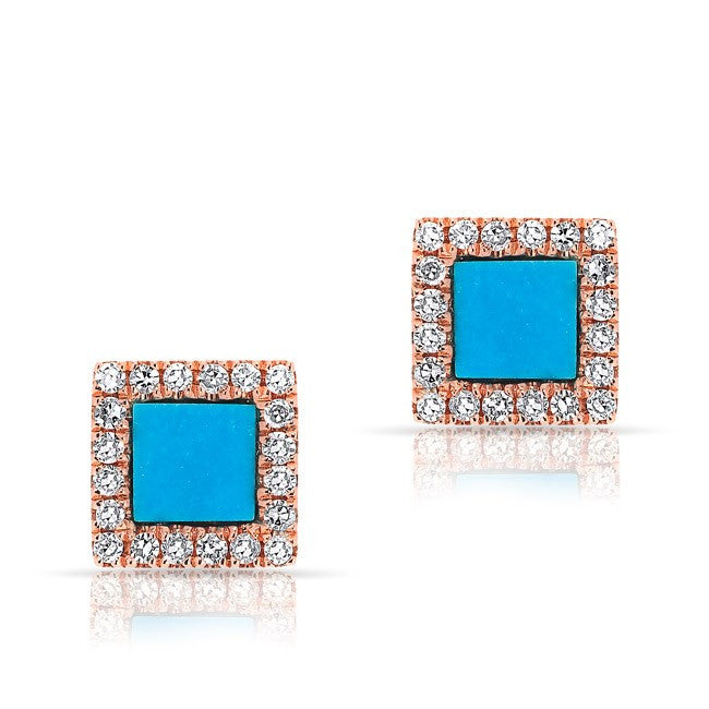 14KT Rose Gold Turquoise Diamond Square Stud Earrings