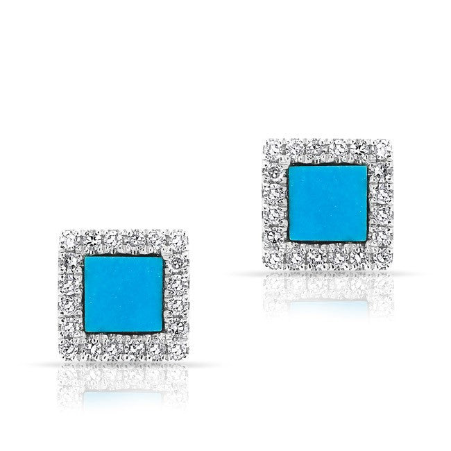 14KT White Gold Turquoise Diamond Square Stud Earrings