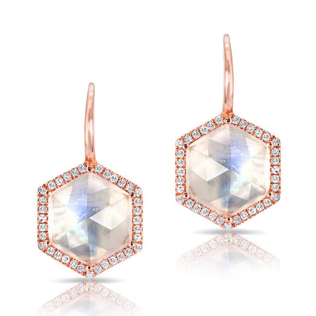 14KT Rose Gold Diamond Moonstone Hexagon Earrings