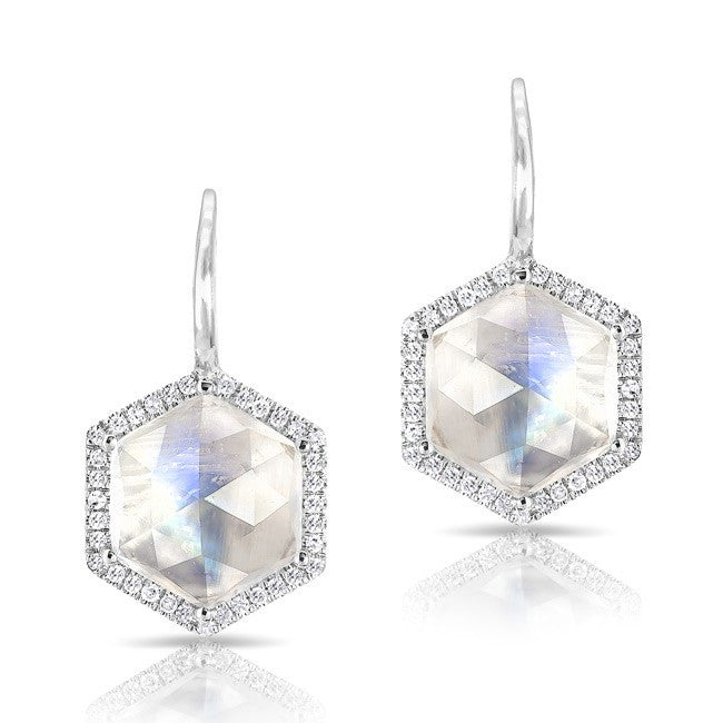 14KT White Gold Diamond Moonstone Hexagon Earrings