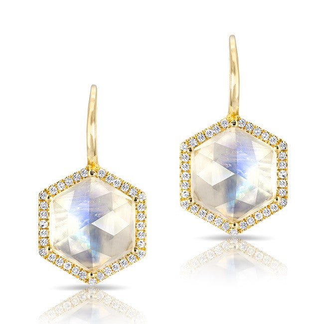 14KT Yellow Gold Diamond Moonstone Hexagon Earrings