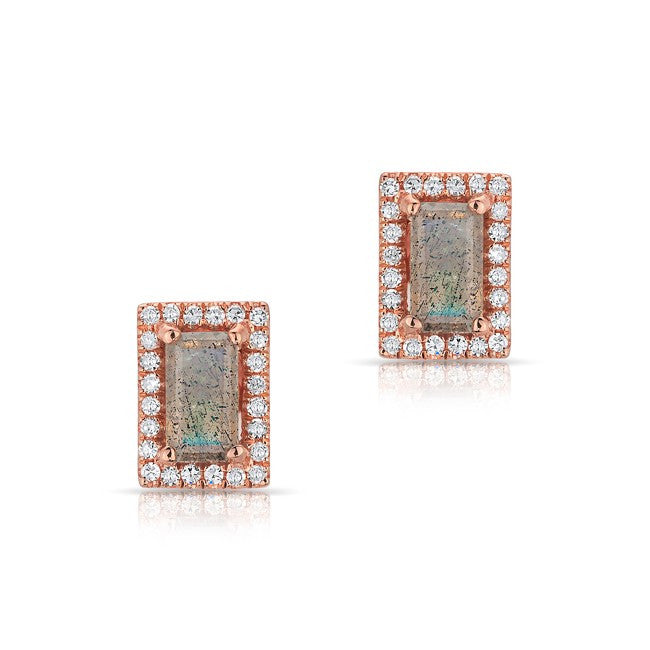 14KT Rose Gold Labradorite Diamond Mini Rectangle Stud Earrings