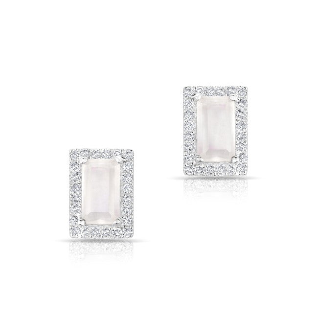 14KT White Gold Moonstone Diamond Mini Rectangle Stud Earrings