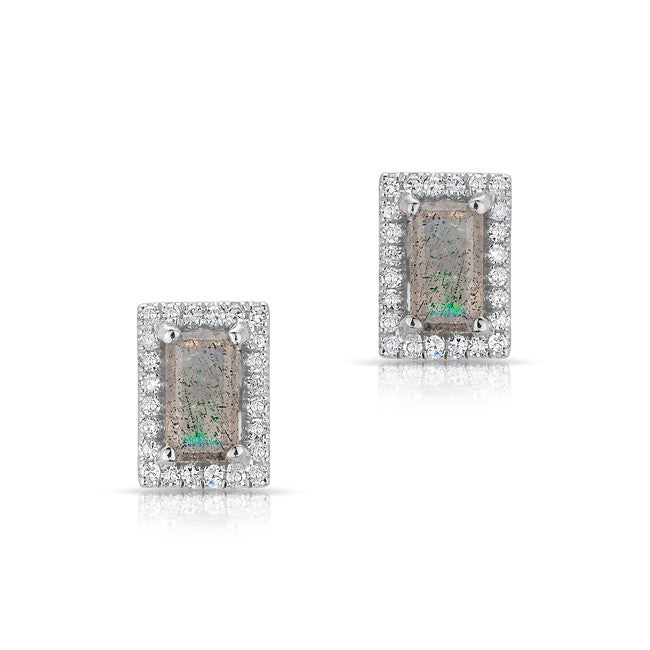 14KT White Gold Labradorite Diamond Mini Rectangle Stud Earrings