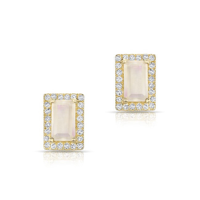 14KT Yellow Gold Moonstone Diamond Mini Rectangle Stud Earrings