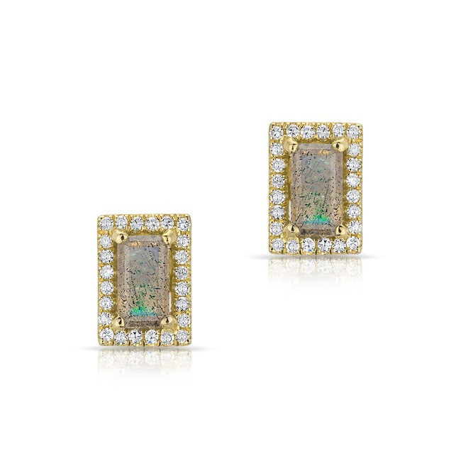 14KT Yellow Gold Labradorite Diamond Mini Rectangle Stud Earrings