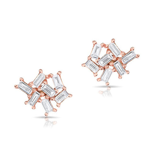 14KT Rose Gold Baguette Diamond Cluster Stud Earrings