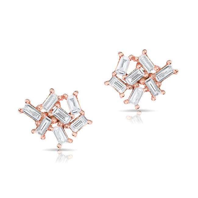 14KT Rose Gold Baguette Diamond Cluster Stud Earrings