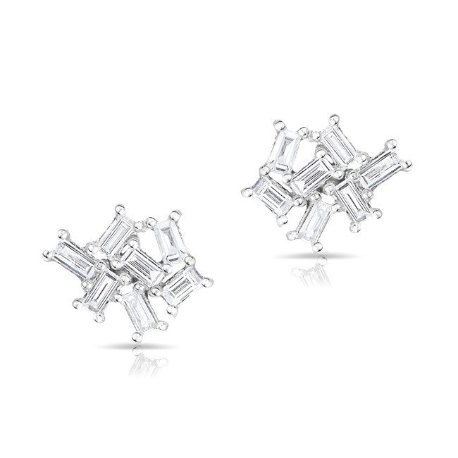 14KT White Gold Baguette Diamond Cluster Stud Earrings