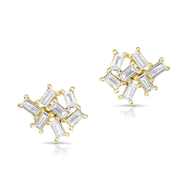 14KT Yellow Gold Baguette Diamond Cluster Stud Earrings