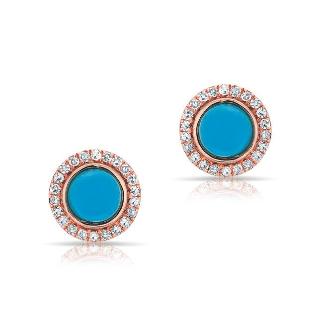 14KT Rose Gold Turquoise Diamond Halo Round Stud Earrings