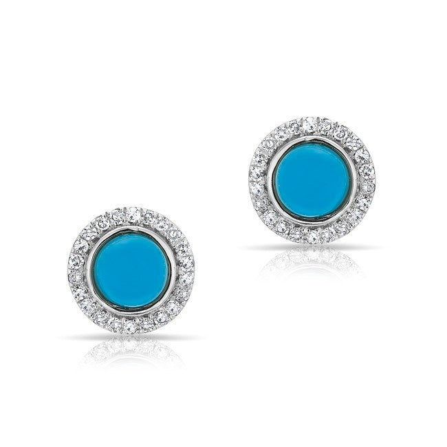 14KT White Gold Turquoise Diamond Halo Round Stud Earrings