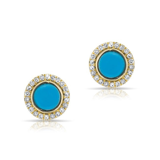 14KT Yellow Gold Turquoise Diamond Halo Round Stud Earrings