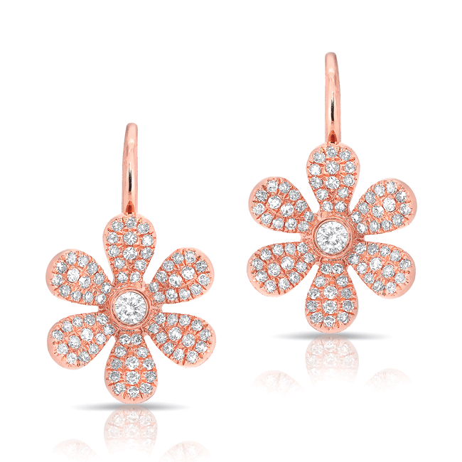 14KT Rose Gold Diamond Daisy Flower Wireback Earrings