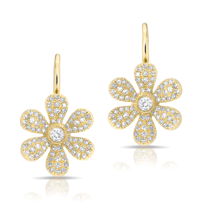 14KT Yellow Gold Diamond Daisy Flower Wireback Earrings