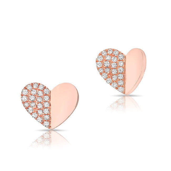14KT Rose Gold Half Diamond Folded Heart Stud Earrings
