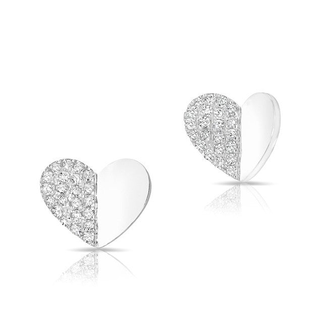 14KT White Gold Half Diamond Folded Heart Stud Earrings