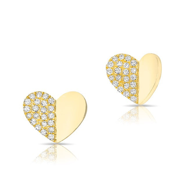 14KT Yellow Gold Half Diamond Folded Heart Stud Earrings