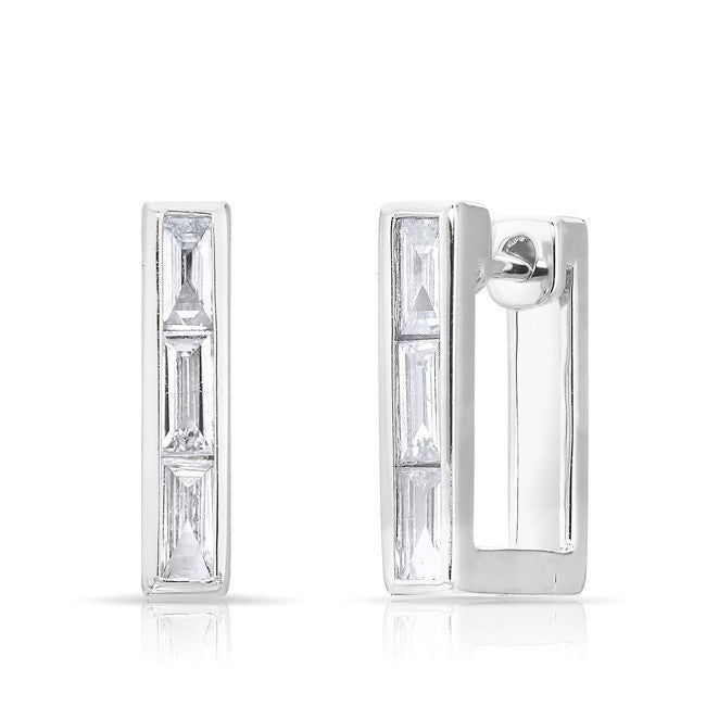 14KT White Gold Baguette Diamond Square Huggie Earrings