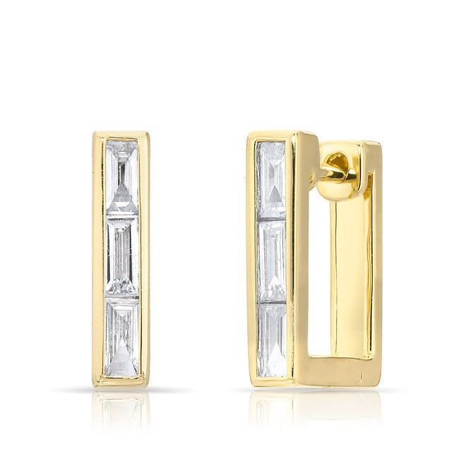14KT Yellow Gold Baguette Diamond Square Huggie Earrings