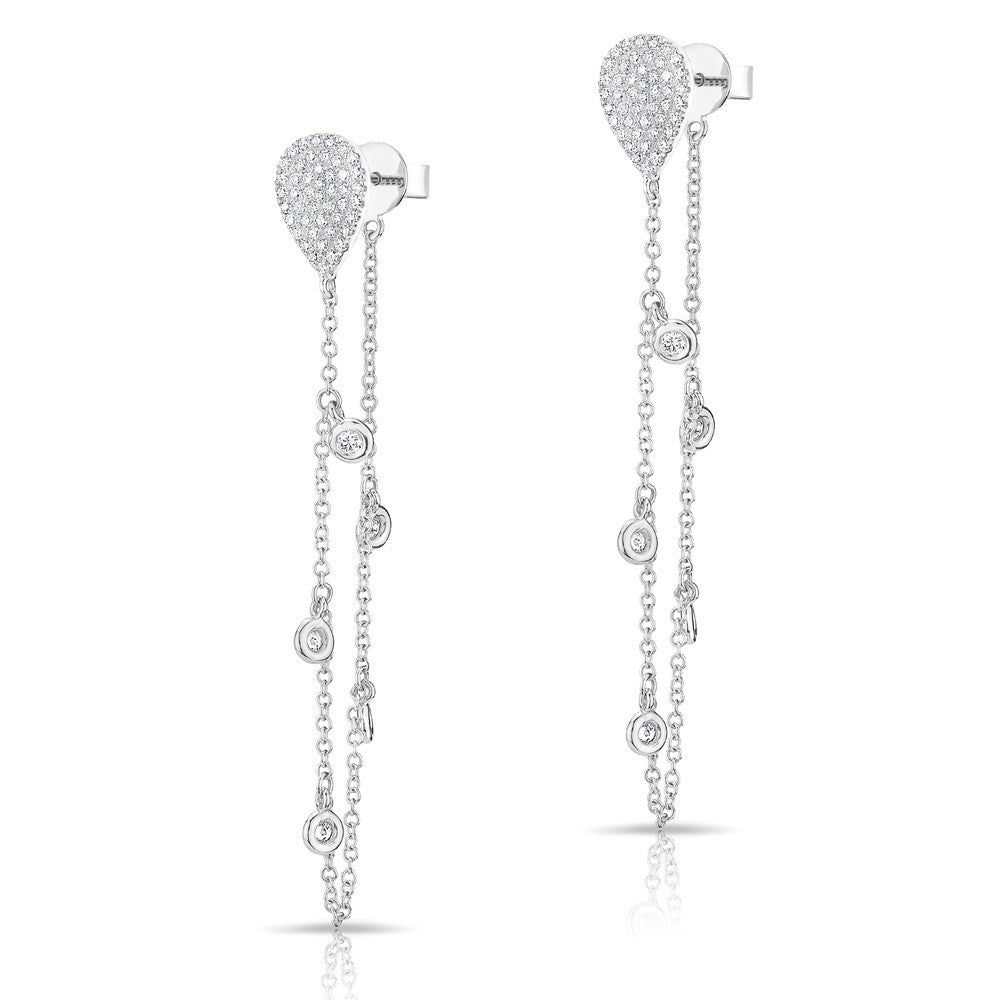 14KT White Gold Diamond Pear Stud Chain Earrings