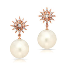 14KT Rose Gold Diamond Sunburst Pearl Drop Stud Earrings