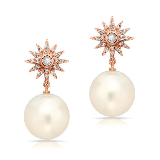 14KT Rose Gold Diamond Sunburst Pearl Drop Stud Earrings