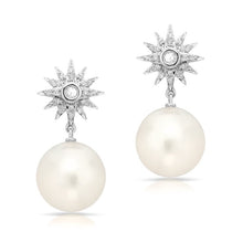 14KT White Gold Diamond Sunburst Pearl Drop Stud Earrings
