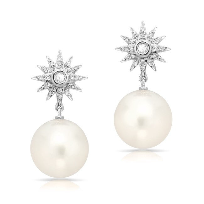 14KT White Gold Diamond Sunburst Pearl Drop Stud Earrings