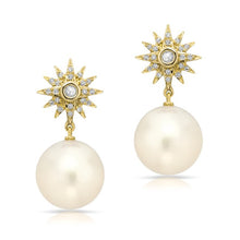 14KT Yellow Gold Diamond Sunburst Pearl Drop Stud Earrings