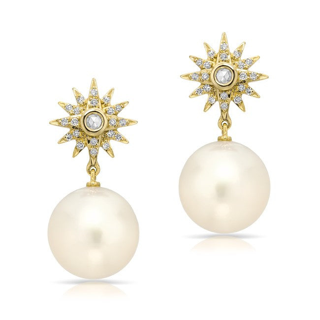 14KT Yellow Gold Diamond Sunburst Pearl Drop Stud Earrings