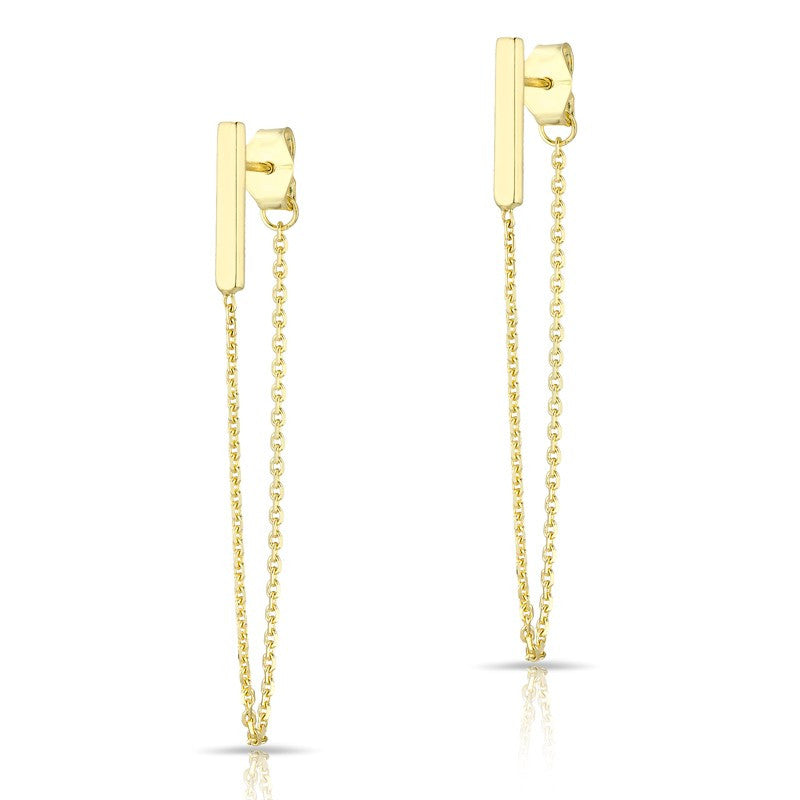 14KT Solid Yellow Gold Bar Loop Chain Stud Earrings