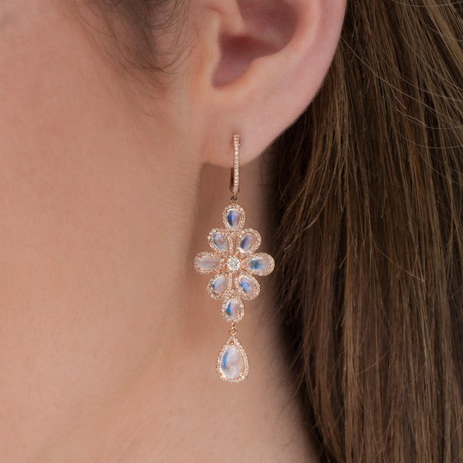 14KT Rose Gold Moonstone Diamond Blossom Chandelier Earrings
