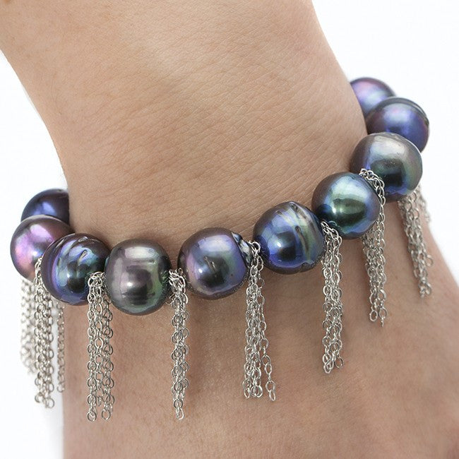 Peacock Pearl Bracelet with Sterling Silver Fringe Chain