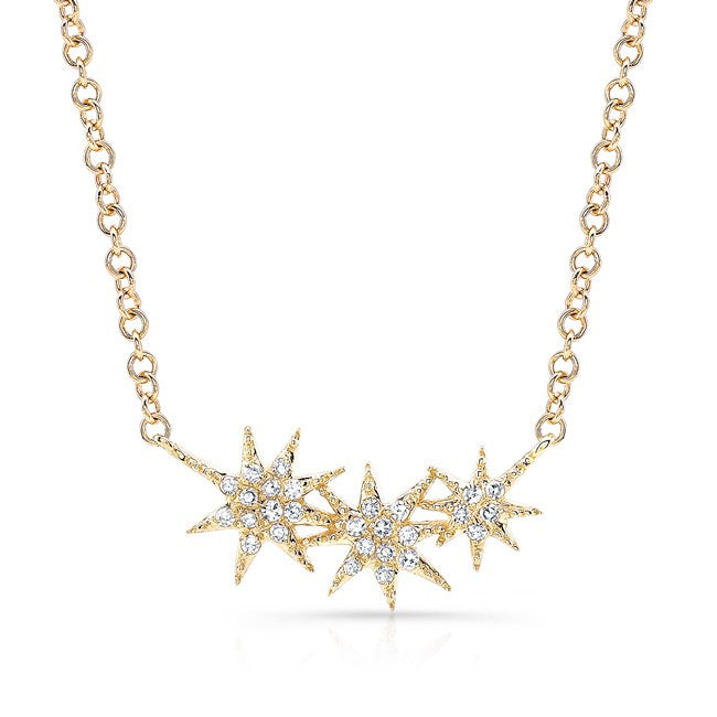 14KT Yellow Gold Diamond Triple Starburst Necklace