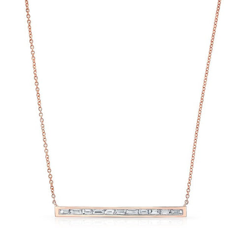 14KT Rose Gold  Diamond Baguette Thin Bar Necklace