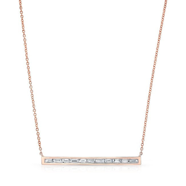 14KT Rose Gold  Diamond Baguette Thin Bar Necklace
