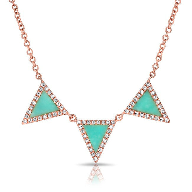 14KT Rose Gold Diamond Turquoise Triple Triangle Necklace