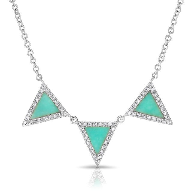 14KT White Gold Diamond Turquoise Triple Triangle Necklace