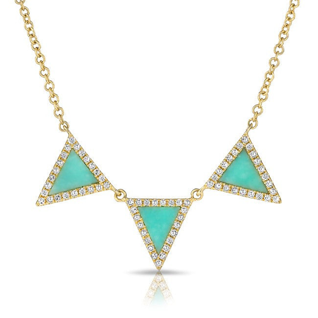 14KT Yellow Gold Diamond Turquoise Triple Triangle Necklace