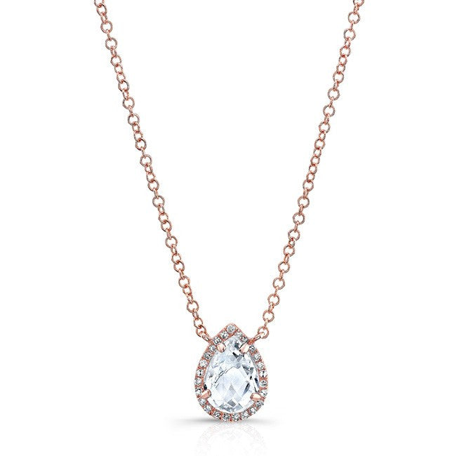14KT Rose Gold Diamond White Topaz Pear Necklace