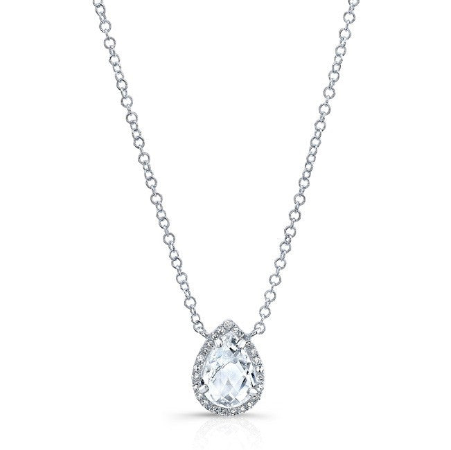 14KT White Gold Pear White Topaz Diamond Necklace