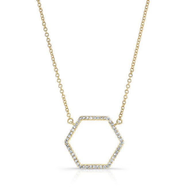 14KT Yellow Gold Diamond Hexagon Shaped Necklace