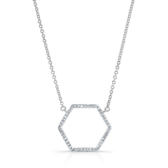 14KT White Gold Diamond Hexagon Shaped Necklace