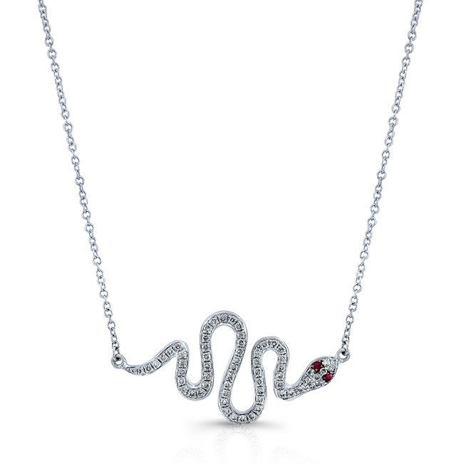 14KT White Gold Ruby Eye Diamond Snake Necklace