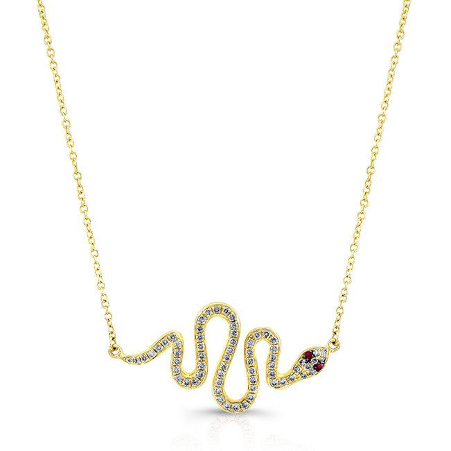 14KT Yellow Gold Ruby Eye Diamond Snake Necklace
